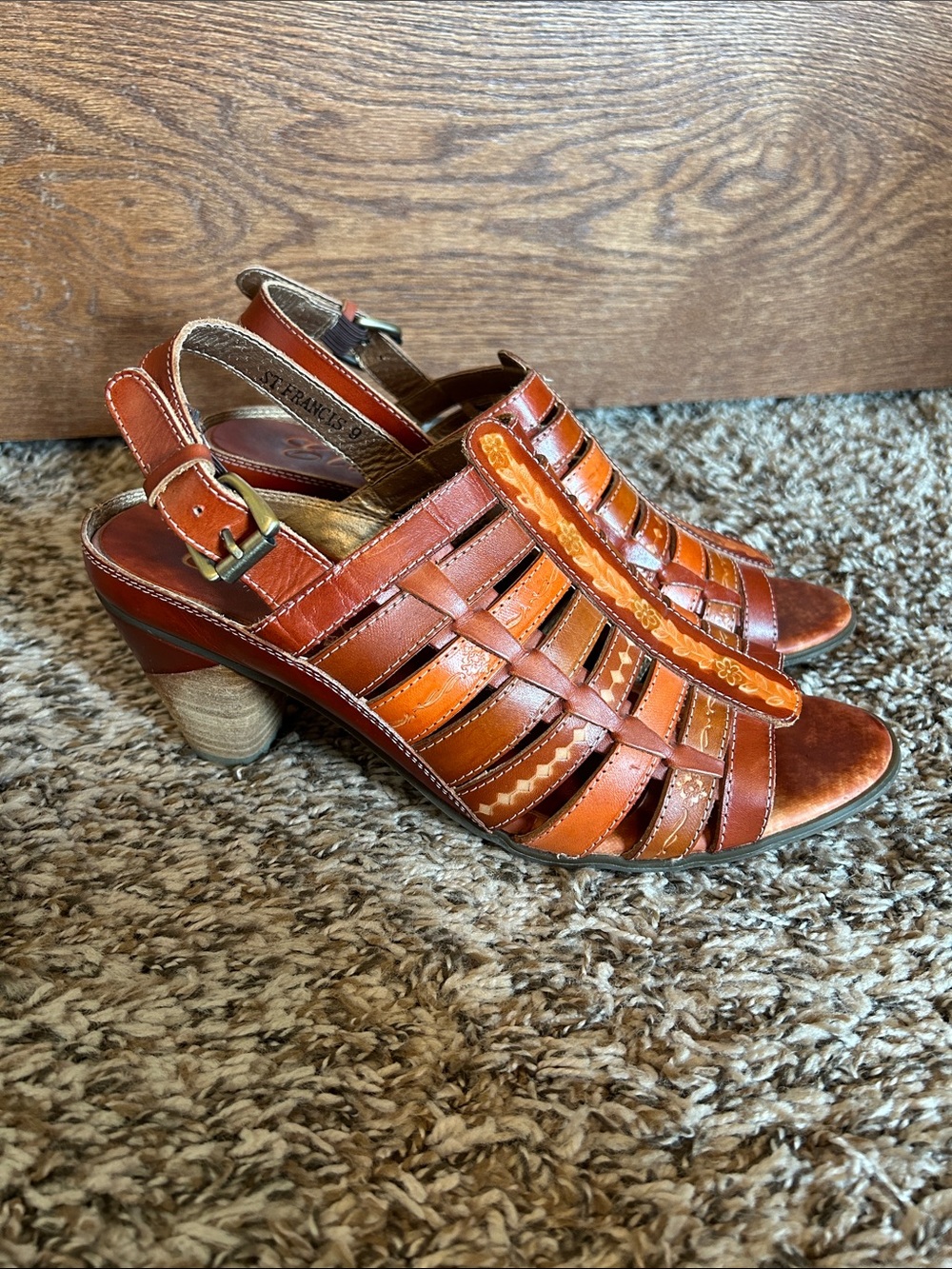 Elite by Corkys St Francis Leather Slingback Heeled Sandals Size 9 Boho Artisan